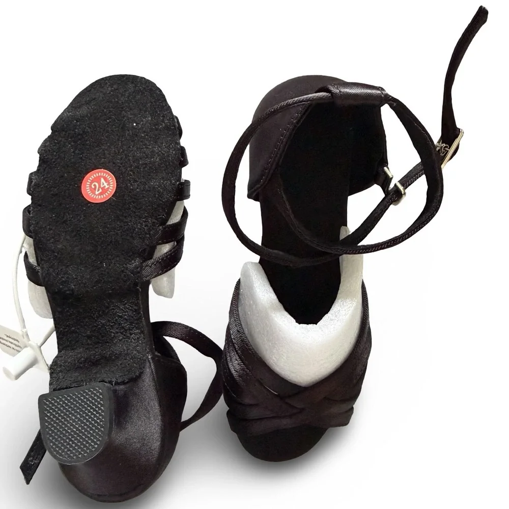 DanceandSway Kids Black Satin Latin Ballroom Dance Shoes Sz 7.5 EU 24 1.9
